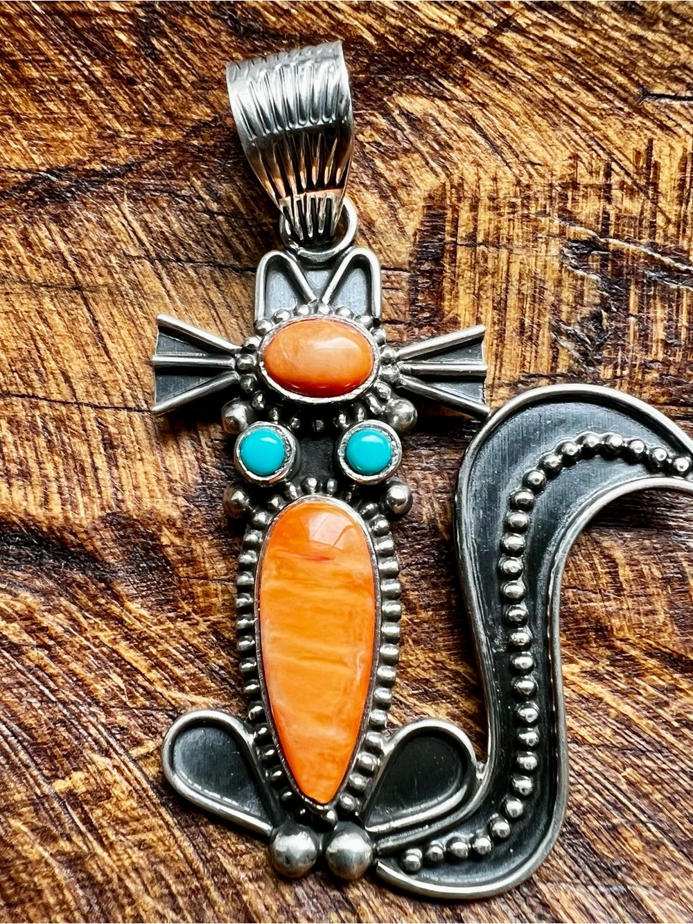 Sterling Silver Spiny Oyster Turquoise Cat Pendant Handmade Southwestern